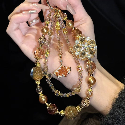 Bronze Rhinestone Pearl Phone Charm Chain