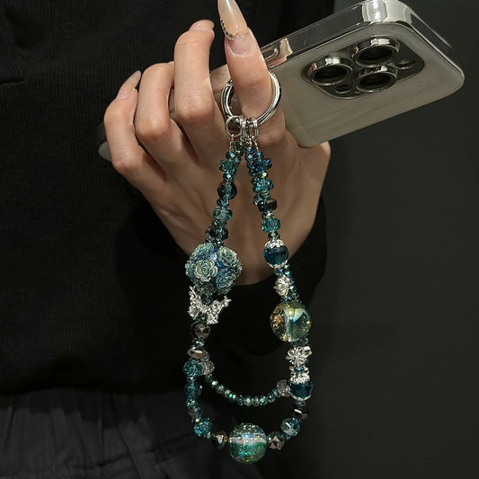 Wide Pearl Blue Floral Bunch Phone Charm Chain