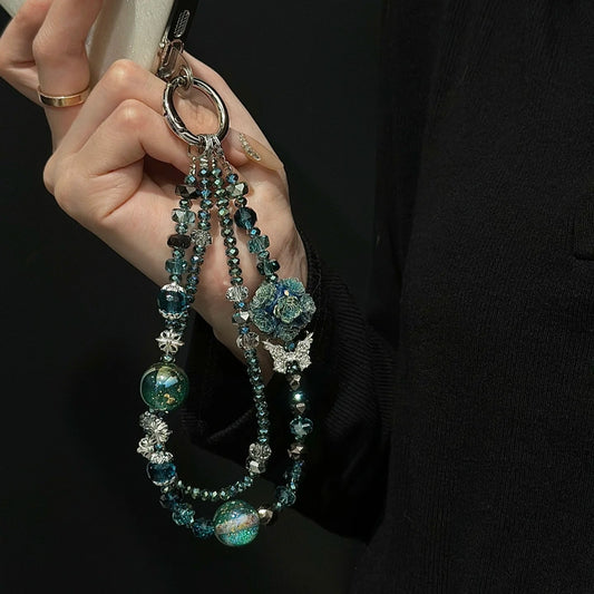 Wide Pearl Blue Floral Bunch Phone Charm Chain