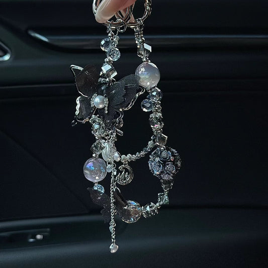 Clear Pearl Black Butterfly Phone Charm Chain