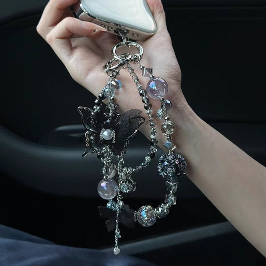 Clear Pearl Black Butterfly Phone Charm Chain