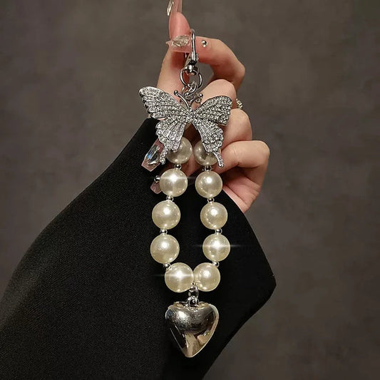 Studded Butterfly Pearl Phone Charm Chain