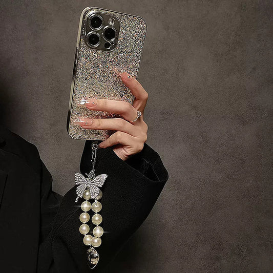 Studded Butterfly Pearl Phone Charm Chain