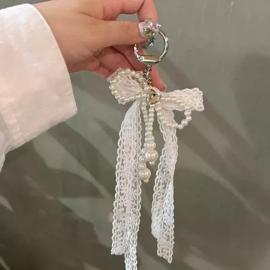 Cute Pearl Lace White Bow Phone Charm Chain