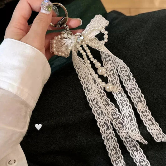 Cute Pearl Lace White Bow Phone Charm Chain