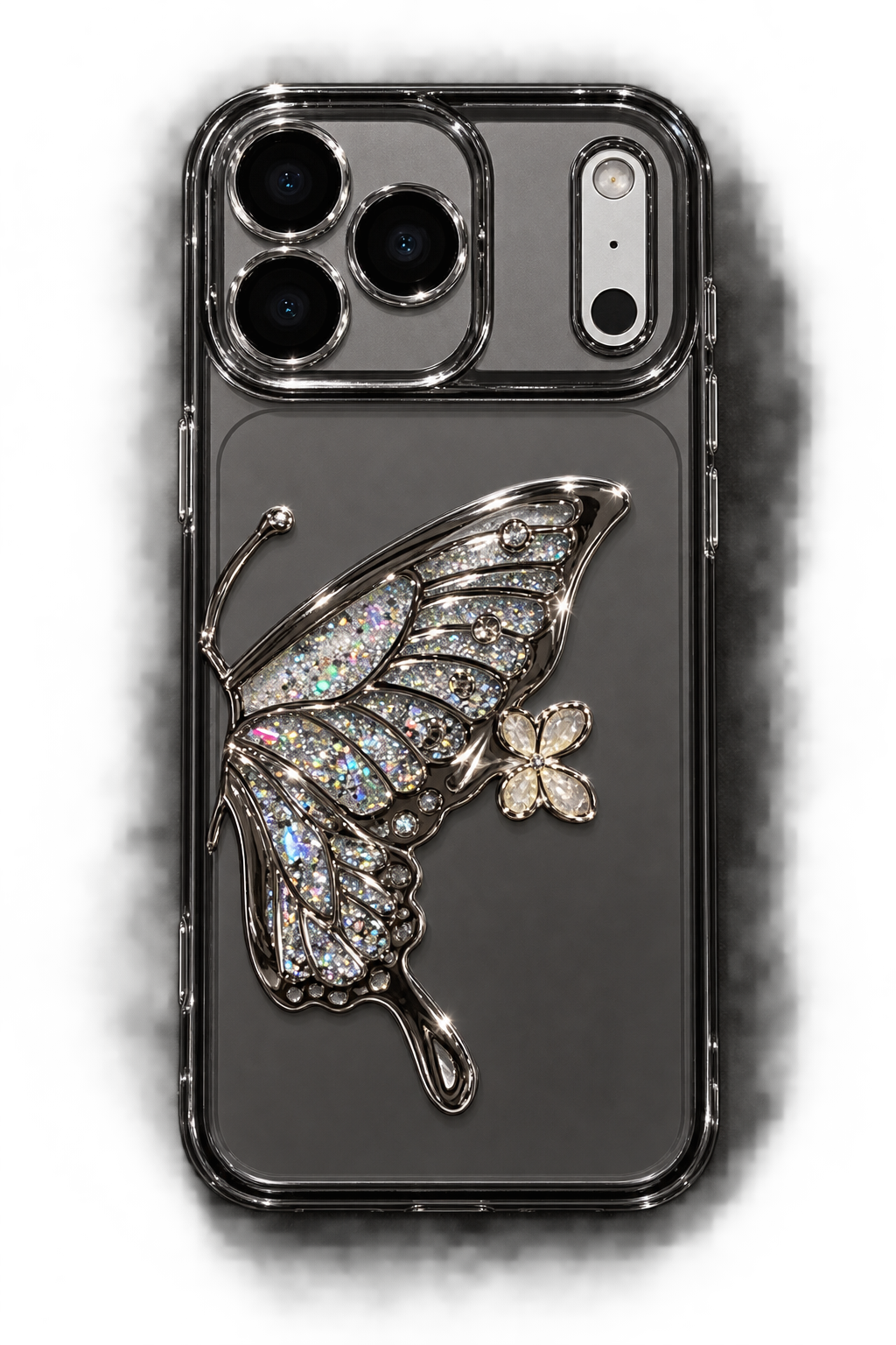 Chrome black butterfly case on iPhone 18 Pro dummy back
