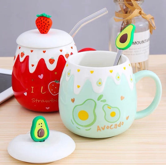 Kawaii Fruit Strawberry Avocado Ceramic Cup (500ml)