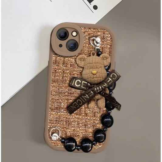 iPhone Series Plush Bear Beaded Chain Phone Case