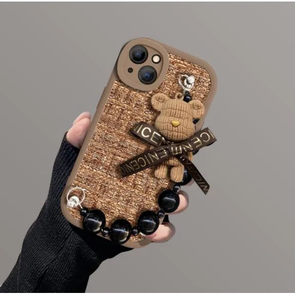 iPhone Series Plush Bear Beaded Chain Phone Case