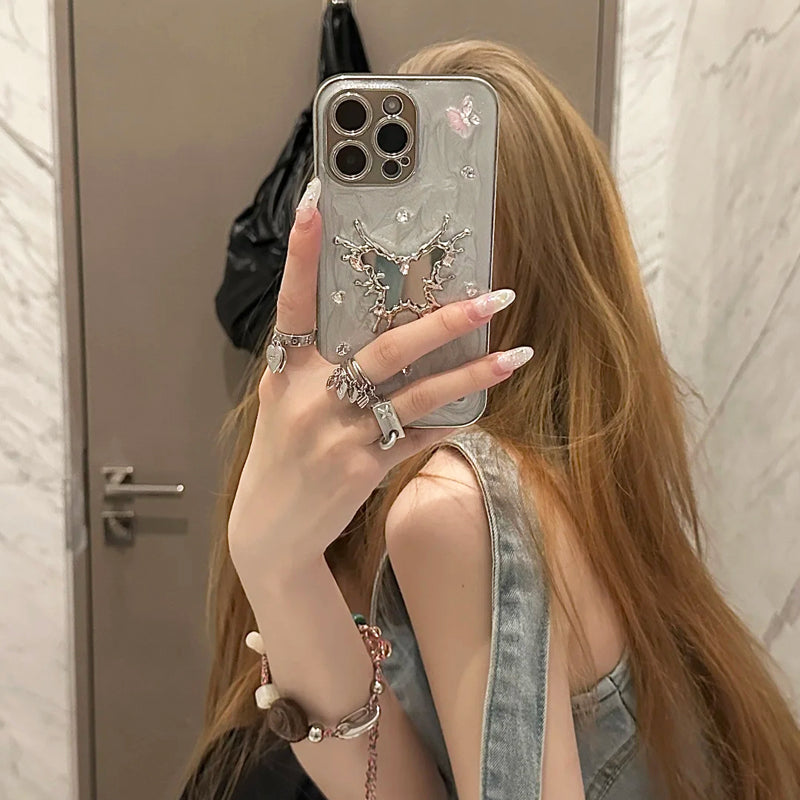 iPhone Series Studded Butterfly Silver Phone Case
