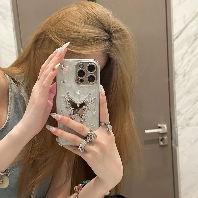 iPhone Series Studded Butterfly Silver Phone Case