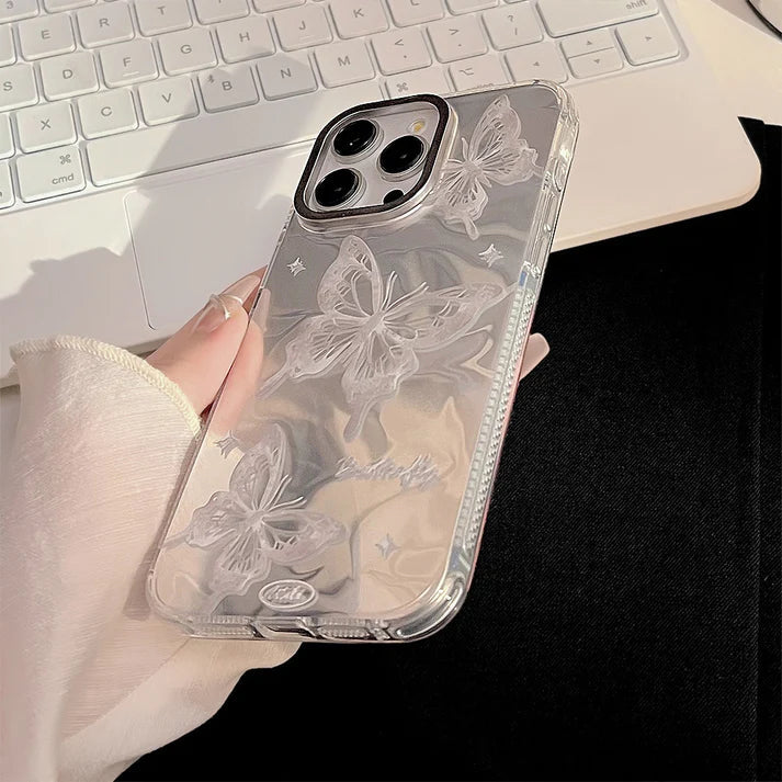 iPhone Series White Peal & Shell Silver Butterfly Phone Case