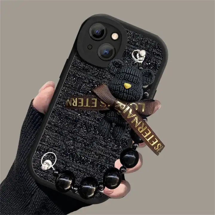 iPhone Series Plush Bear Beaded Chain Phone Case