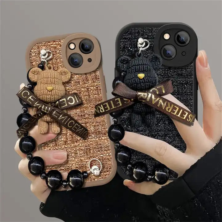 iPhone Series Plush Bear Beaded Chain Phone Case