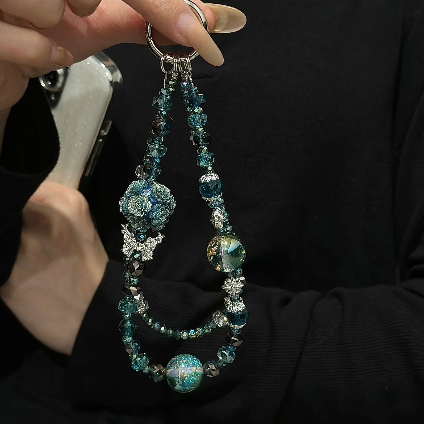 Wide Pearl Blue Floral Bunch Phone Charm Chain