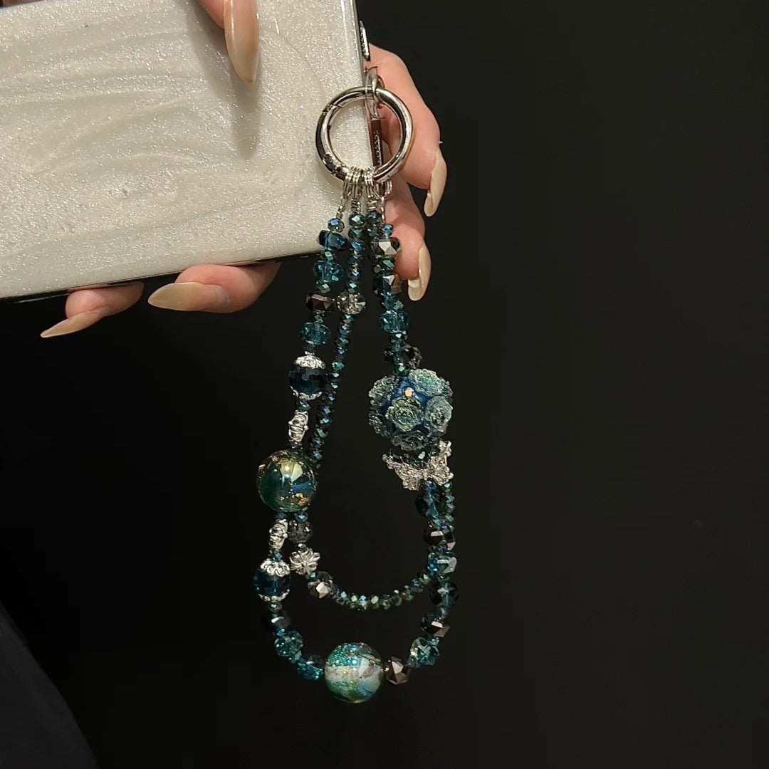 Wide Pearl Blue Floral Bunch Phone Charm Chain
