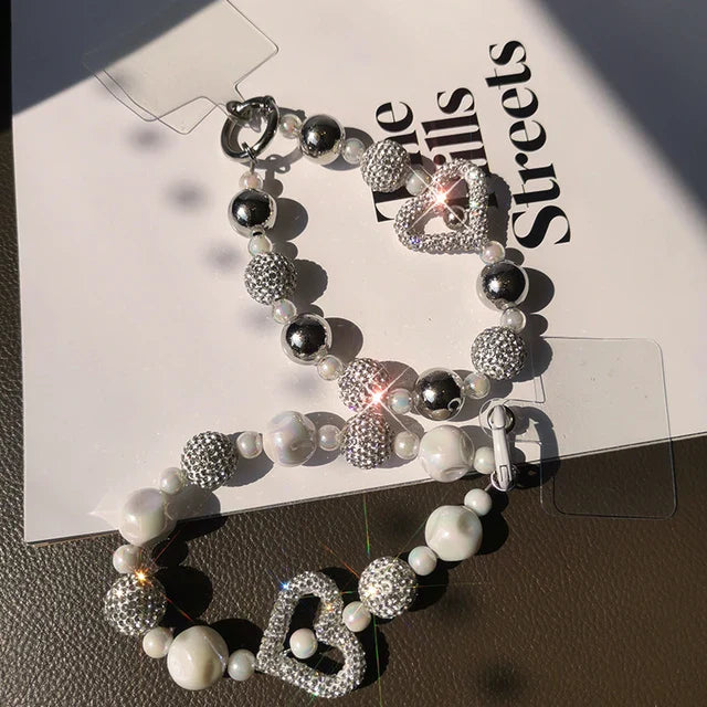 Love Heart Short Water Diamond Balls Phone Charm Chain
