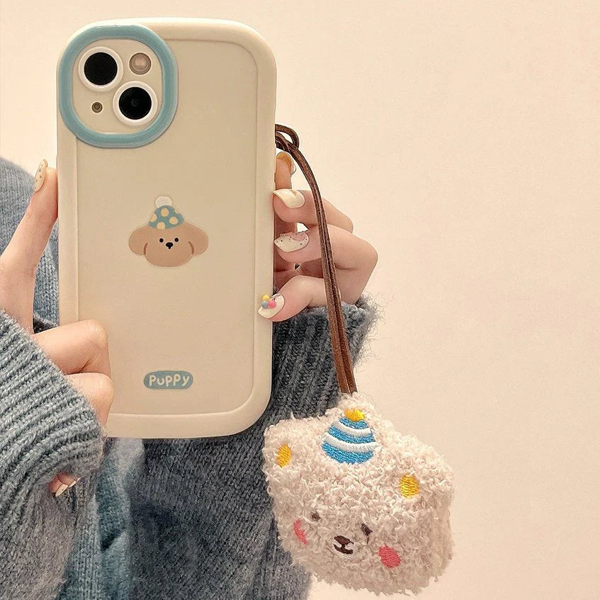 iPhone Series Cream Whimsical Puppy Bliss Cartoon Case With String