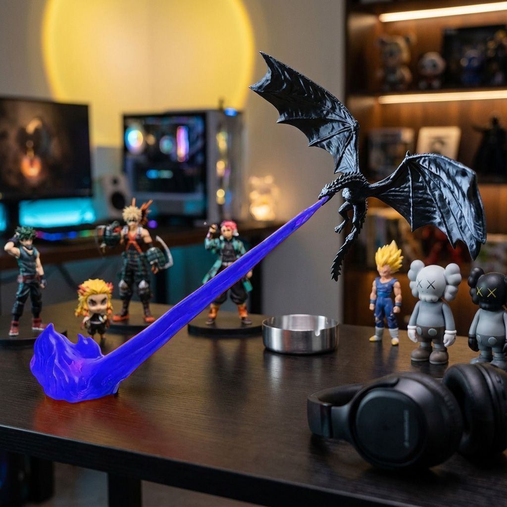 Blue flame flying dragon night light displayed on a desk