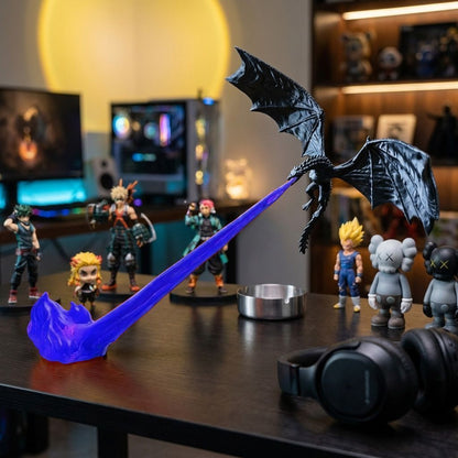 Blue flame flying dragon night light displayed on a desk