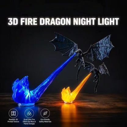 Flying fire dragon night light shown in orange and blue flame styles