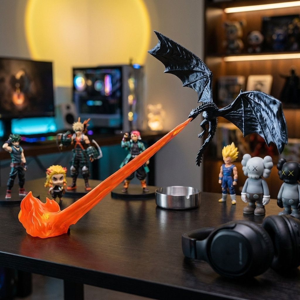 Orange flame flying dragon night light displayed on a desk