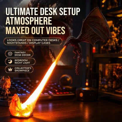 HiPookies flying fire dragon night light on a fantasy desk setup