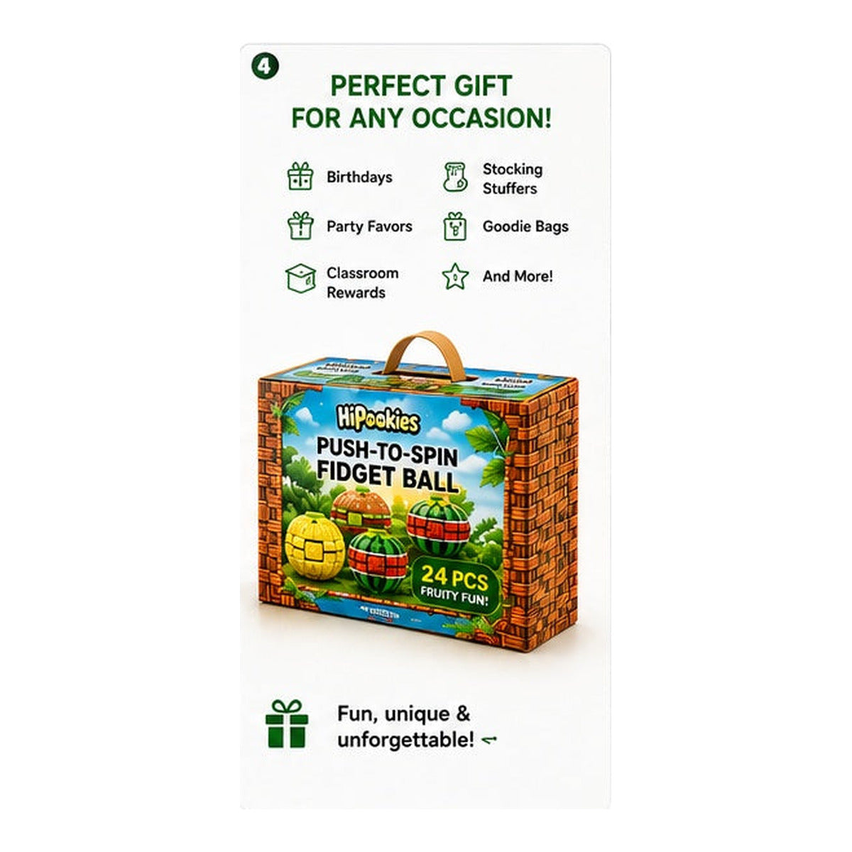 HiPookies Fruit Push-to-Spin Fidget Ball gift packaging