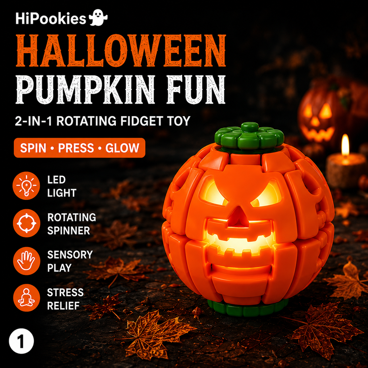 HiPookies Halloween Pumpkin LED rotating fidget toy hero
