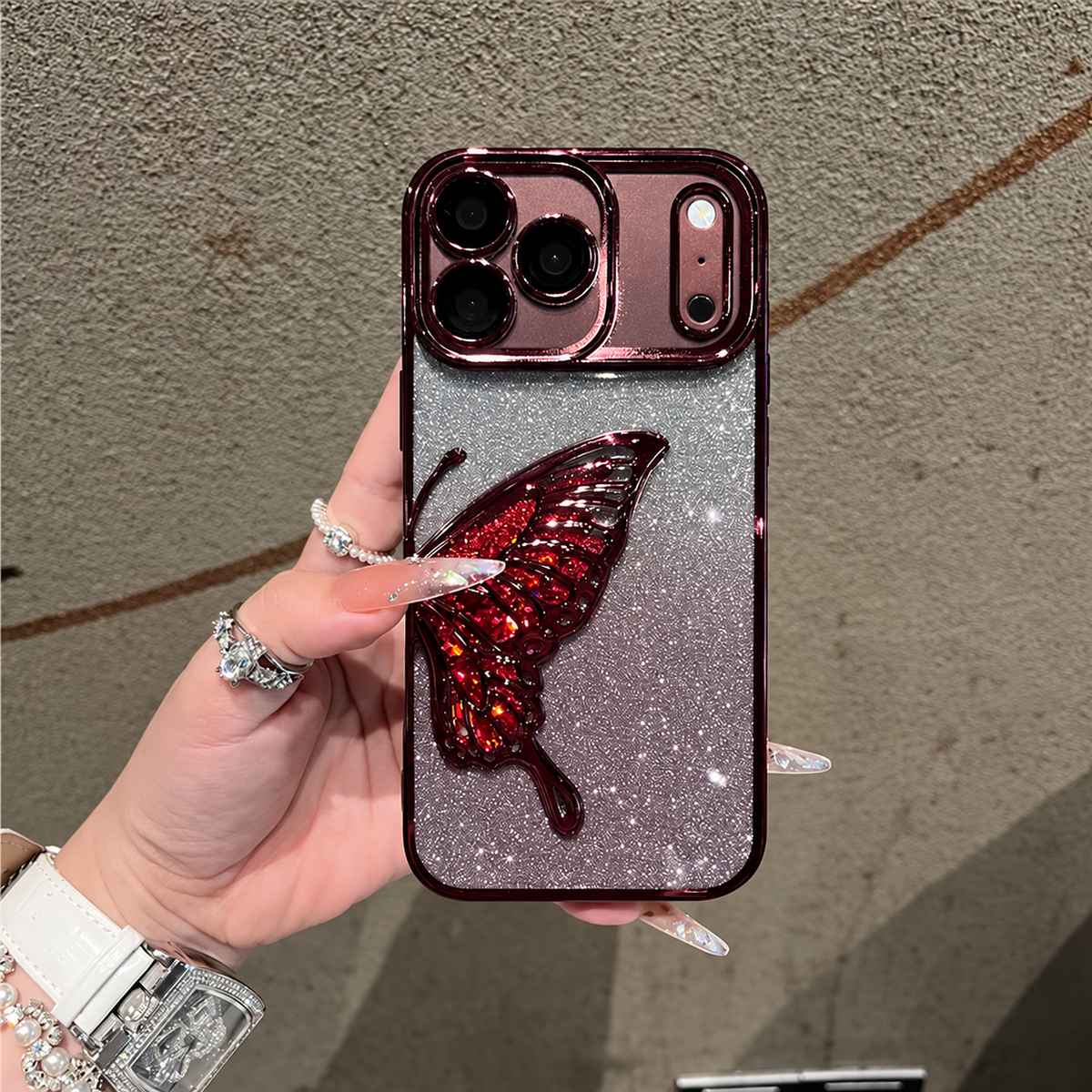 Burgundy glitter butterfly case