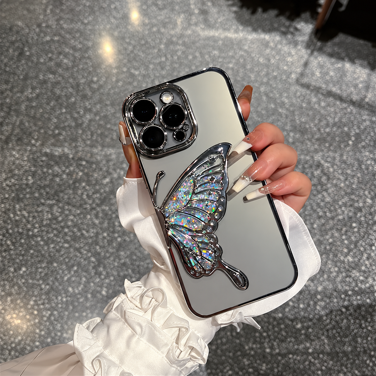 Silver liquid glitter butterfly case