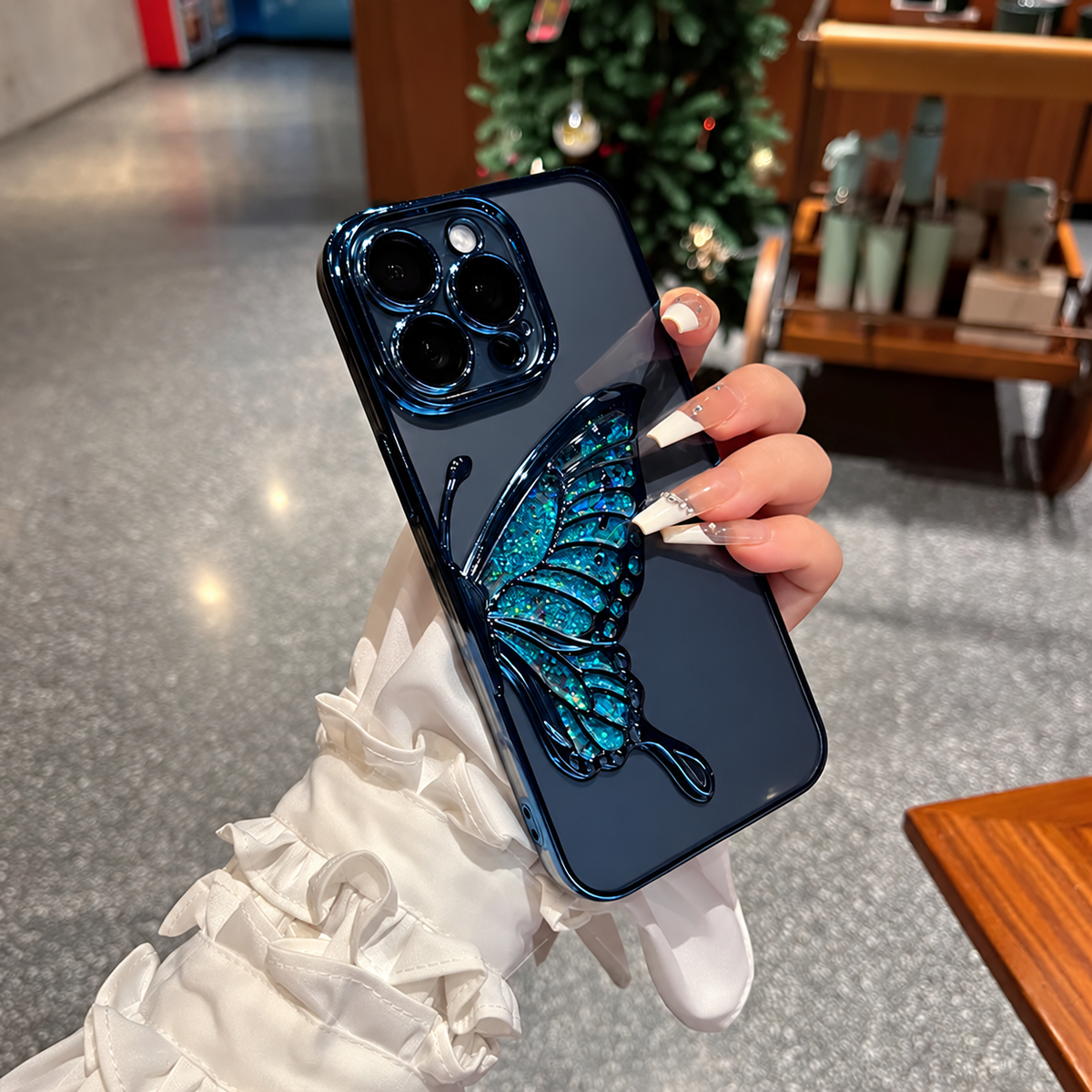 Blue liquid glitter butterfly case