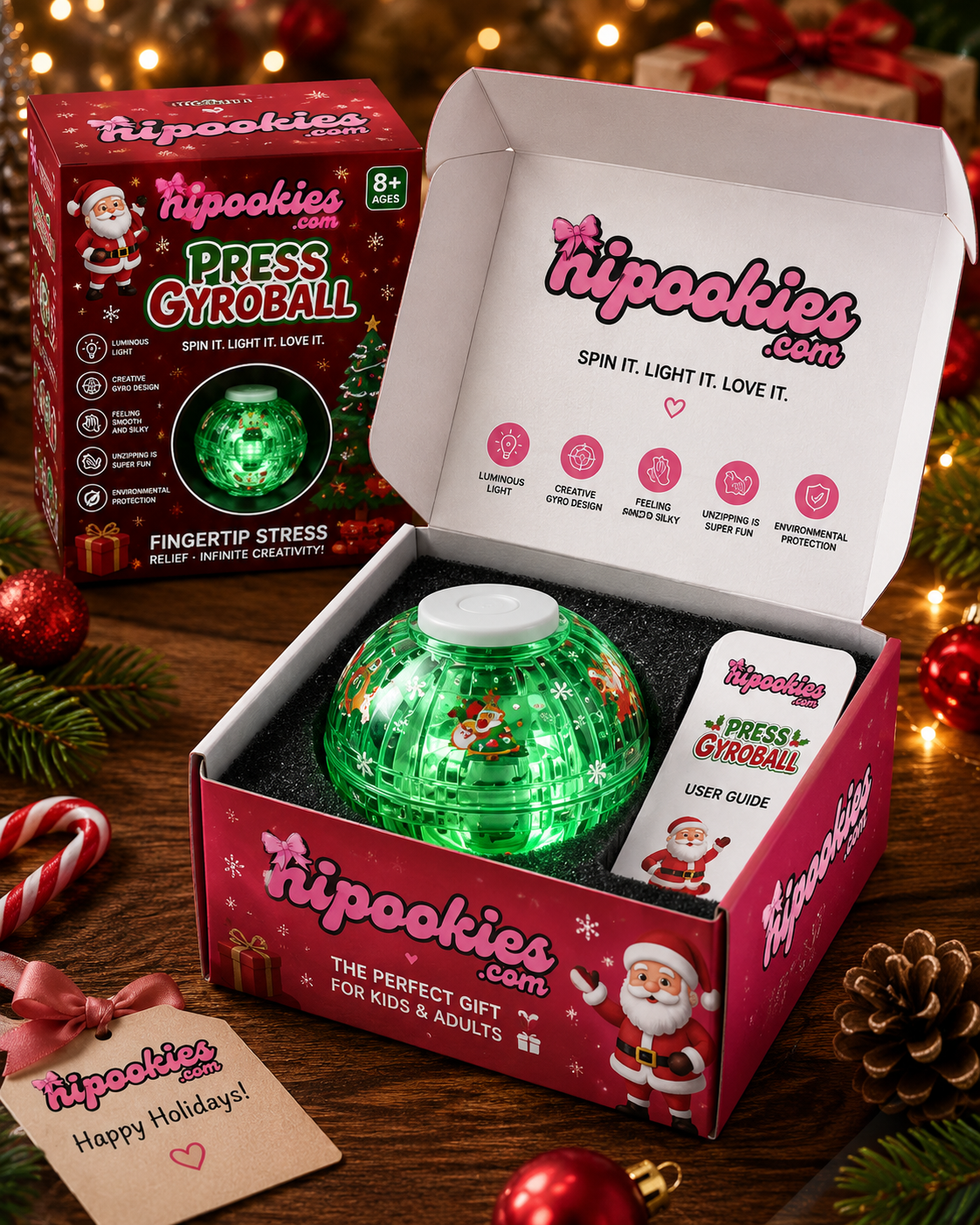 Hipookies Press Gyroball open box Christmas packaging with glowing product