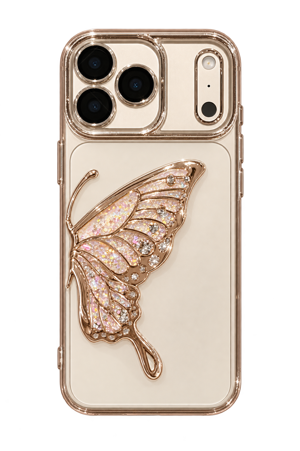 Champagne butterfly case on iPhone 18 Pro dummy back