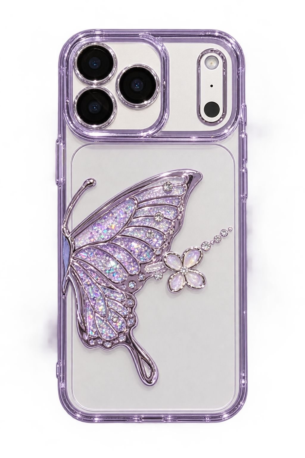 Lilac butterfly case on iPhone 18 Pro dummy back