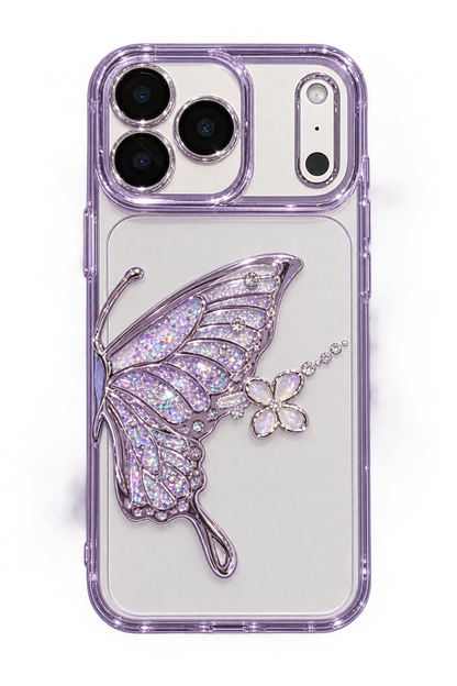 Lilac butterfly case on iPhone 18 Pro dummy back
