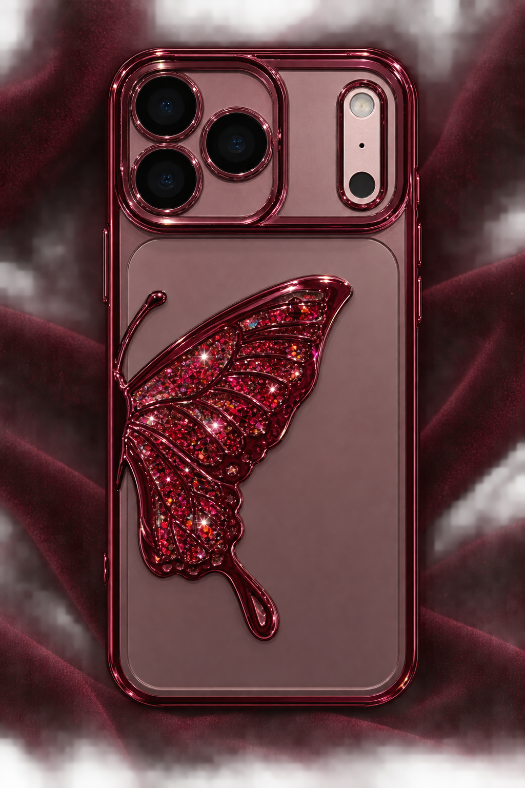 Berry butterfly case on iPhone 18 Pro dummy back