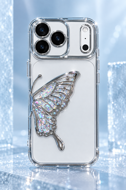 Icy blue butterfly case on iPhone 18 Pro dummy back