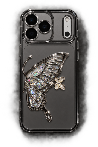 Chrome black butterfly case on iPhone 18 Pro dummy back