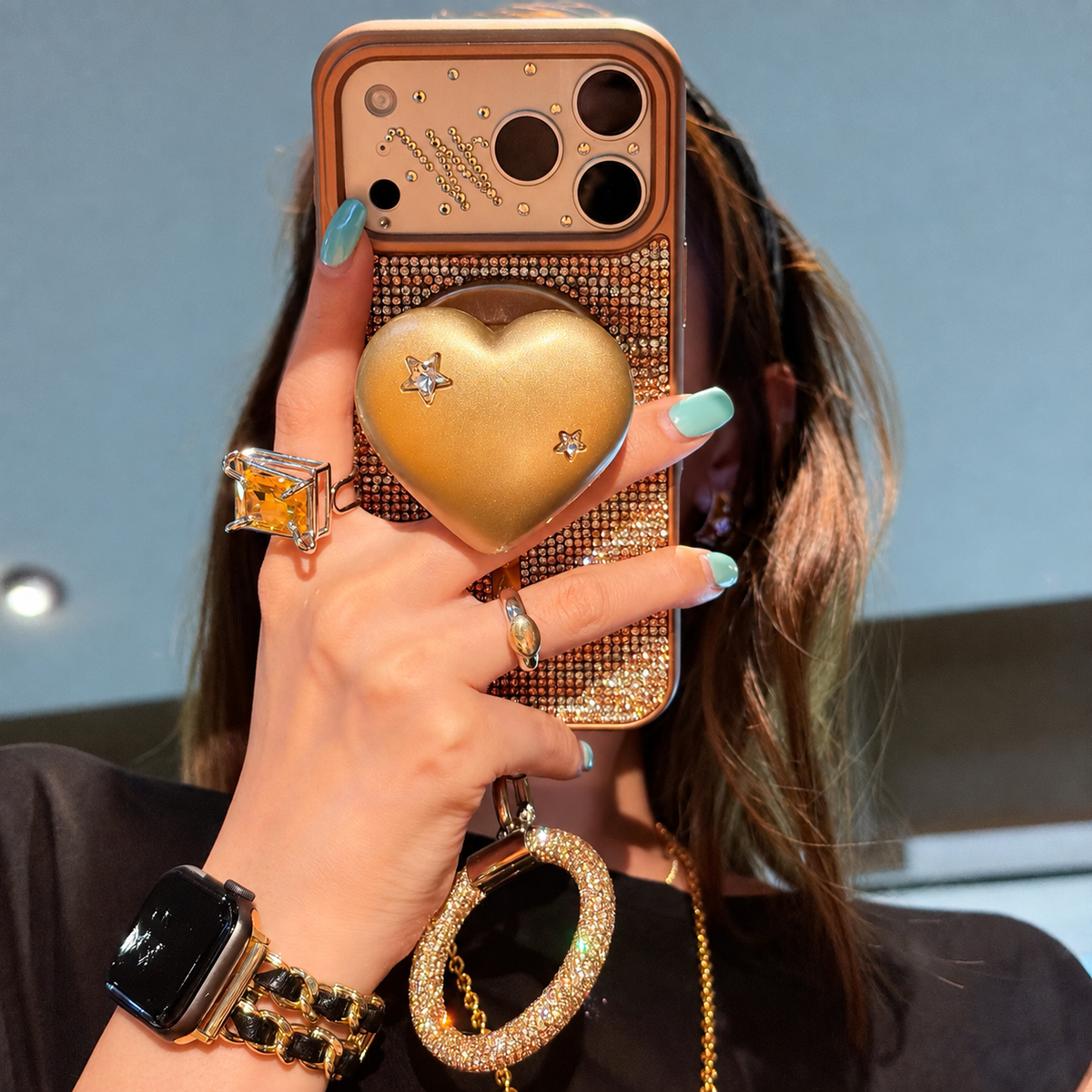 Gold rhinestone magnetic case with heart stand and carrying ring